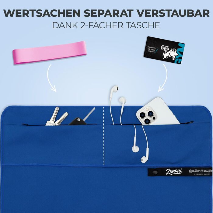 Рушник для фітнесу Zepphi: великий (120x50 см) + маленький (80x30 см) | Мікрофібра, кишеня на блискавці | Швидковисихаючий, для спортзалу та тренувань, блакитний