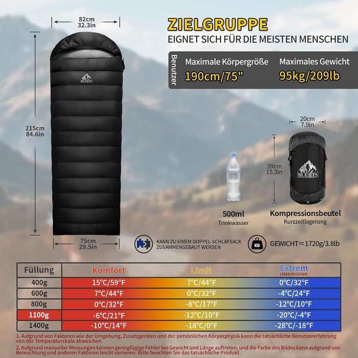 Спальний мішок зимовий Daunenschlafsack, теплий та легкий, для дорослих та дітей, 680FP+, для походів, альпінізму, кемпінгу. Чорний 0°C (Чорний -6°C)