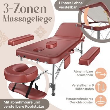 Масажне ліжко KESSER® з 3 зонами, до 250 кг, складане, регульоване, з аксесуарами (підголовник, підлокітники, сумка), для косметичних процедур та терапії, антиковзаюча поверхня, 61 см, Бордовий