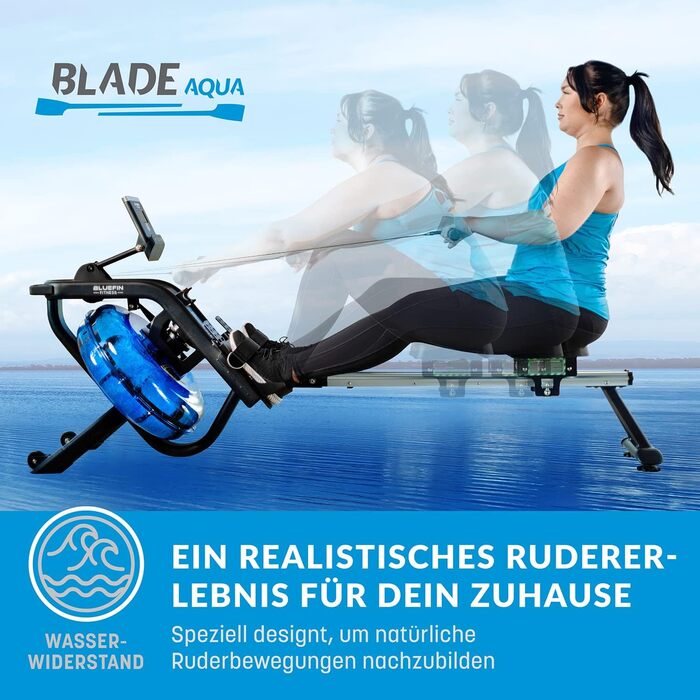 Гребний тренажер Bluefin Fitness Blade Aqua M-1 з водним опором, алюмінієва рама, інтеграція Kinomap, для інтенсивних тренувань