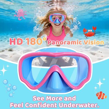 Дитячі маски для снорклінгу Vvinca з регульованим ремінцем, маски для плавання для дітей 3-14 років, хлопчиків та дівчаток, маска для дайвінгу 180° панорама, антизатоплювальна, 1-блакитний+рожевий
