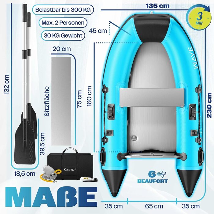 Надувний човен KESSER Wave 230-320 см (6 елементів): човен, лавка, насос, весла, ремкомплект, сумка. Можливість встановлення мотора, для солоної води.