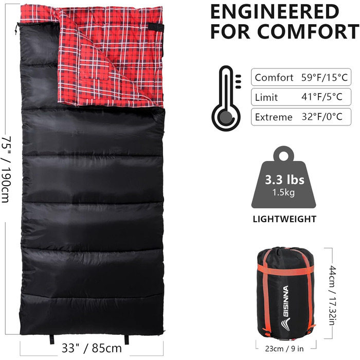 Спальний мішок BISINNA XL з бавовняного фланнелю для кемпінгу, 2-3 сезони, дорослий, чорний, 1.5 кг