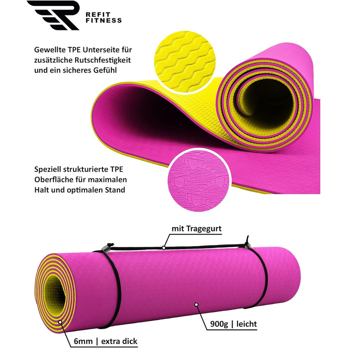 Килимок для йоги REFIT FITNESS Perfect-Fit 190 x 60 x 0,6 см з нековзким покриттям GeckoGrip & Sensi-Plus TPE + ремінь для перенесення. Безпечний, екологічний, для фітнесу та гімнастики. Доступні кольори: рожевий, жовтий