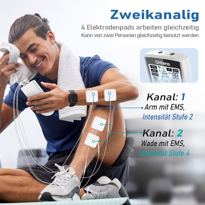 TENS пристрій для терапії болю, 5-в-1: TENS/EMS/IF/RUSS/DIY, для зняття болю, 80 програм масажу, 2 канали, 8 електродів, білий