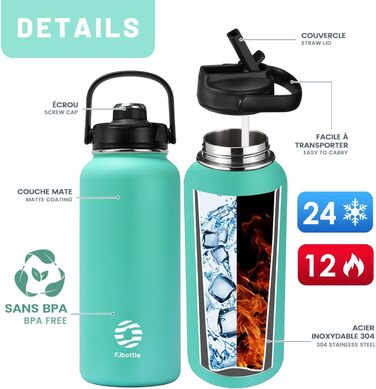Термос Fjbottle з нержавіючої сталі з трубочкою 950 мл, BPA-free, герметична спортивна пляшка для води для велосипеда, школи, фітнесу, газованої води, зелена