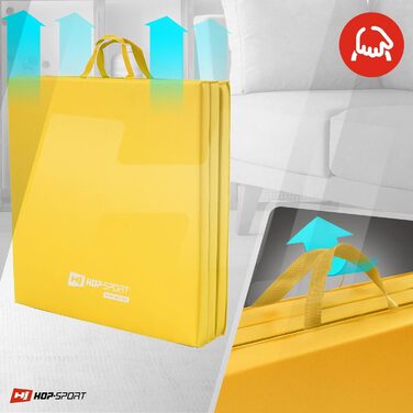 Складаний гімнастичний мат Hop-Sport 180x60x5 см, жовтий, товщина 4/5 см, для дому, фітнесу та гімнастики, з ручками для перенесення