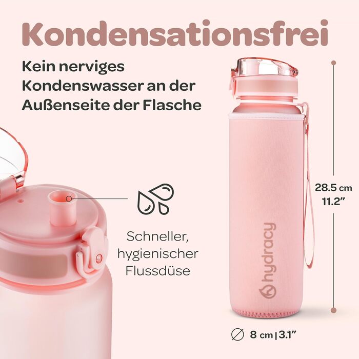 Пляшка для води Hydracy 1 л з фруктовим вставкою, BPA-free, з мітками часу, герметична спортивна пляшка без конденсату для спорту та активного відпочинку
