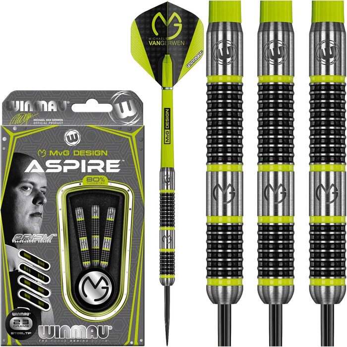 Дротики WINMAU Michael Van Gerwen MvG Aspire 23 г, вольфрамові, сталевий наконечник, з призмовими крилами та нейлоновими стрижнями