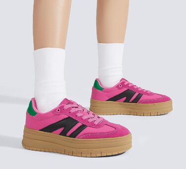 Кросівки LUCKY STEP Plateau Sneaker для жінок - платформа, канвас, ретро стиль, низький профіль, комфортні для повсякденного носіння, бежево-зелені (36 EU, фуксія, чорний)