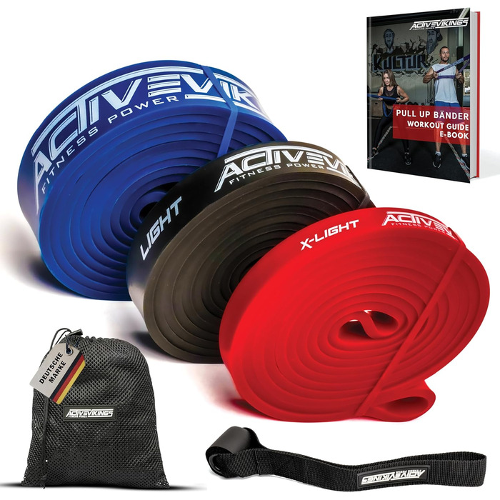 Фітнес-гумки для фітнесу та калістеніки: набір або окремо з сумкою, дверним анкером та інструкцією – ідеально для дому та спортзалу (червоний, чорний, синій)