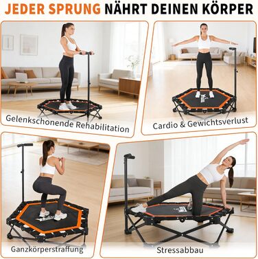 Складаний фітнес-батут для дому з регульованою ручкою, навантаження до 150 кг, діаметр 86.5 см, помаранчевий — для дорослих та дітей