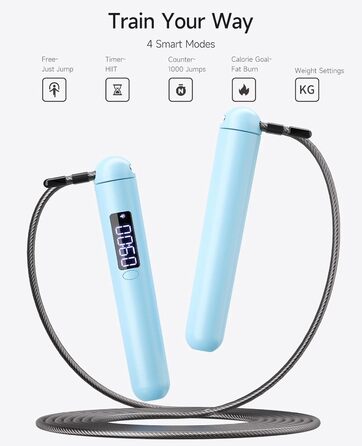 Розумний скакалка ACHDOFITS зі сталевим тросом та LED-дисплеєм для підрахунку калорій, стрибків та часу, регульована, для чоловіків та жінок (Синя)