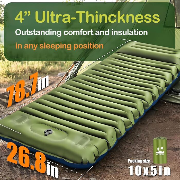 Легка надувна ізольована килимок Valehowl 800г з насосом та подушкою для кемпінгу, туризму та бікпакінгу, армійний зелений