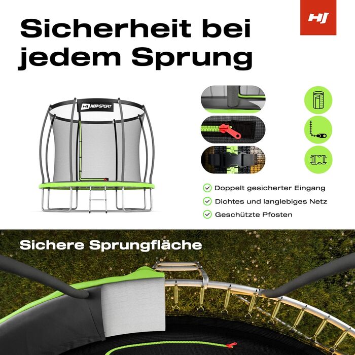 Трамплін Hop-Sport Outdoor – діаметр 244/305/366/427/488 см. Комплект з захисним сіткою, вигнутими ніжками та сертифікатами безпеки. З драбиною та захисним бордюром.