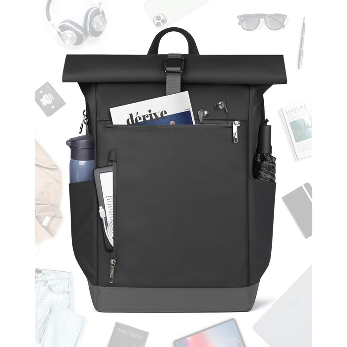 Міський рюкзак Inateck RollTop 25-30 л, чорний, для ноутбука 17'' – універсальний для чоловіків і жінок, велосипедний, шкільний, для університету, роботи, спорту та подорожей