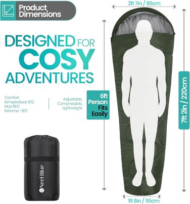 Спальний мішок Mumienschlafsack для дорослих - легкий, компактний, водонепроникний, з капюшоном, 220x85 см, теплий, придатний для прання, для кемпінгу, трекінгу, подорожей, зелений