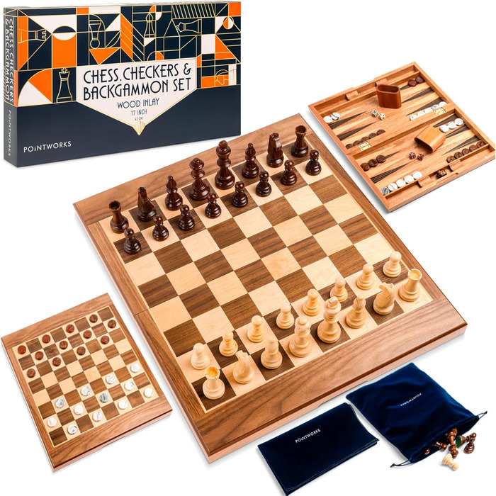 Набір шахів, шашок та нарду для дорослих 43,2 см, дерево, портативний, складаний, двосторонній, з великими фігурами