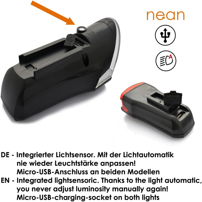 Фронтліхтар Nean CREE LED з акумулятором, світлодіодний велосипедний ліхтар з авторегулюванням та стоп-сигналом, 60 люкс, 6 cd, StVZO, велосипедна лампа, фара, задній ліхтар