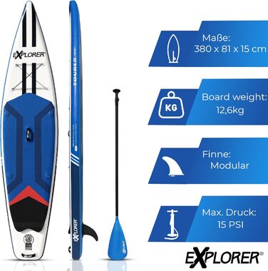 Надувна SUP-дошка EXPLORER TOURER 12.6 для плавання стоячи, комплект до 180 кг: алюмінієве весло, рюкзак, насос, плавник, ремкомплект
