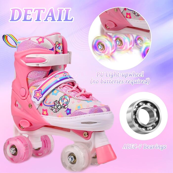 Роликові ковзани для дітей, ролики для дівчаток та початківців, регульовані, з підсвічуванням, дихаючі, для подарунка (рожеві)