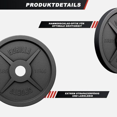 Олімпійські млинці GORILLA SPORTS, чавун, 1,25–30 кг, 50 мм, окремо або набір