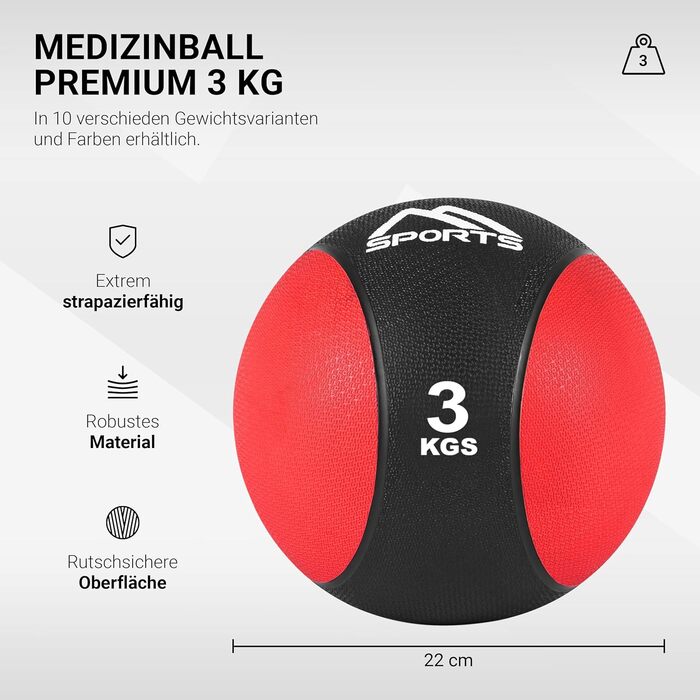 MSPORTS Медичний м'яч 3 кг, професійна якість, червоний, з постером вправ