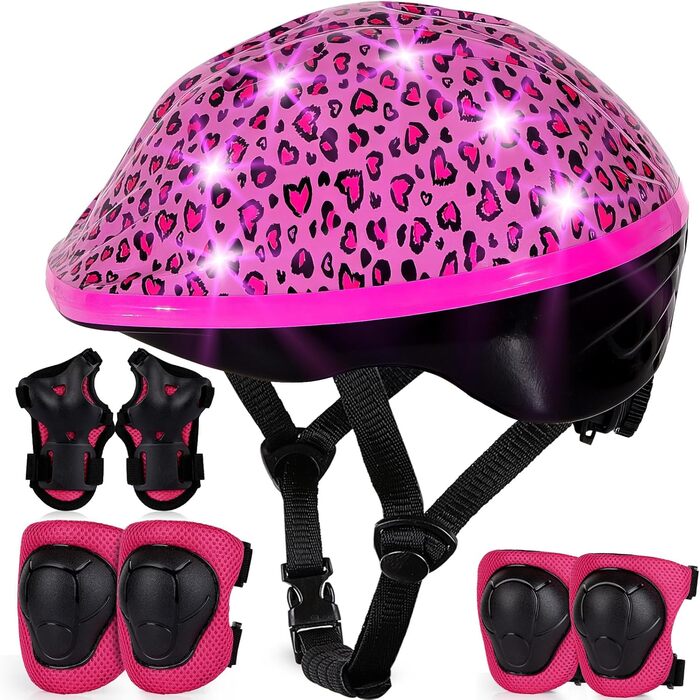 Дитячий шолом та набір захисту: шолом з LED, наколінники та налокітники для велосипеда та скейтборда (рожевий, 3-8 років)