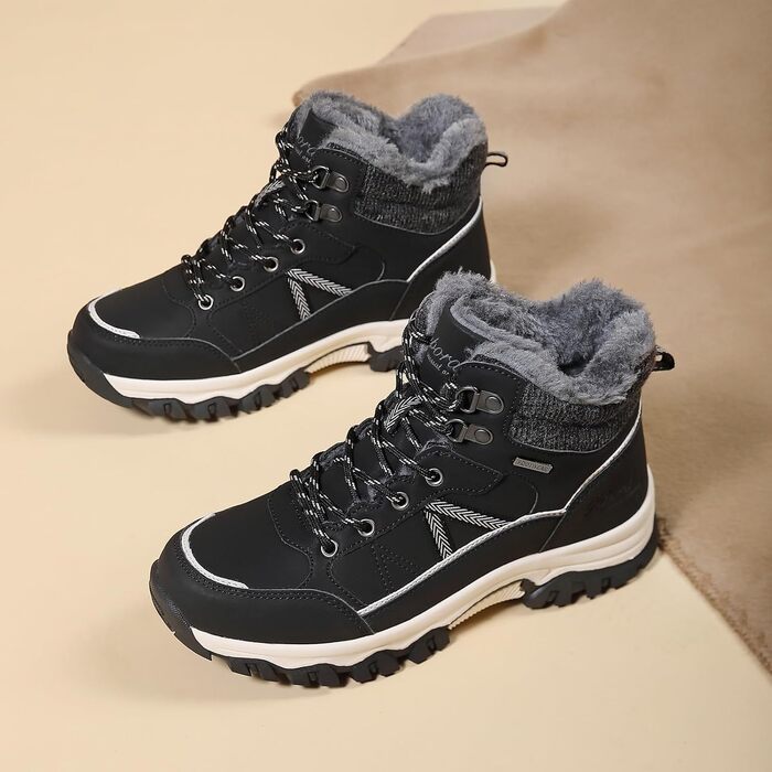 Зимові черевики для жінок: теплі трекінгові черевики, черевики для снігу, розмір 36-41 (чорний з білими лініями, 39 EU)