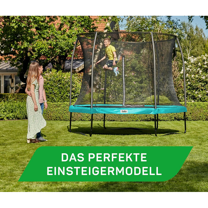 Трамплін Salta Comfort Edition (різні діаметри) – ⌀183/213/251/305/366/396/427cm – Сертифікований TÜV – Кольори: зелений/рожевий – Круглий, для вулиці, з комплектом: мат, сітка, пружини, захисний бордюр