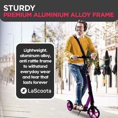 Lascoota Роликовий самокат для дітей від 8 років - для дорослих, складний, з регулюванням висоти, амортизація спереду + ремінь на плече, колеса 20 см, самокат для підлітків (фіолетовий)