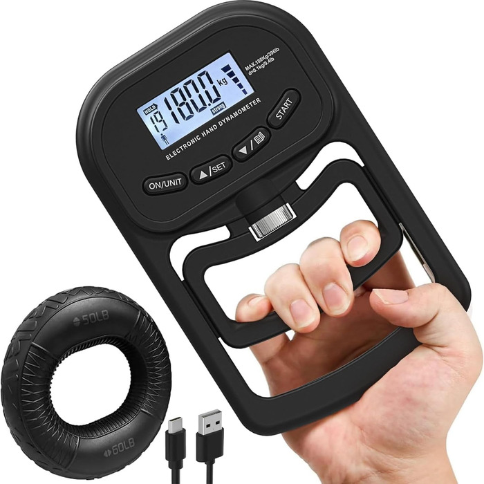 Електронний динамометр для вимірювання сили хвата, 180 кг, з регульованою ручкою та силіконовими кільцями