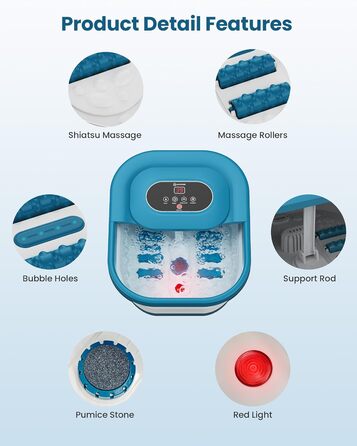 Зручне ванночка для ніг Comfier з масажем, підігрівом та функцією бульбашок | Складаний масажер для ніг | Вібрація, функція бульбашок, таймер, пемза для педикюру, 35°C-48°C, 8 Shiatsu роліків (Чорний, Синій)
