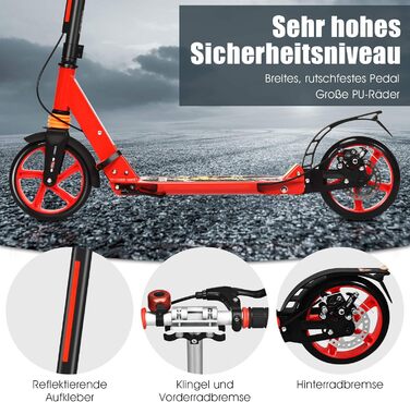 GOPLUS Ролер Кіндер 8 років, міський ролер для дітей, підлітків та дорослих до 100 кг, 3-рівневий регульований ролер, складаний самокат з колесами 200 мм, гальмо на задньому колесі та ремінь (Червоний)