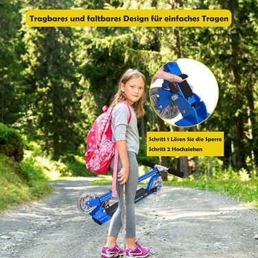 Дитячий ролер GOPLUS Roller Kinder 4 роки з LED-колесами, гальмом на задньому колесі та підніжкою, регульований по висоті, легкий алюмінієвий, складної конструкції, до 70 кг, блакитний