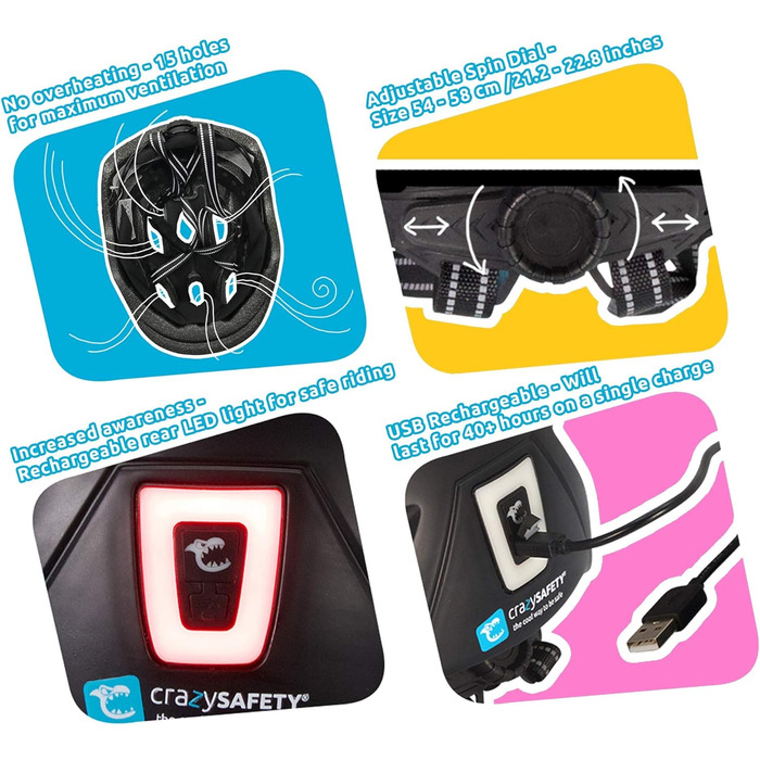 Дитячий велосипедний шолом Crazy Safety з USB-ліхтарем, регульований, для дітей 6-12 років, для велосипеда, скейтборду, роликів, розмір 54-58 см, синьо-білий