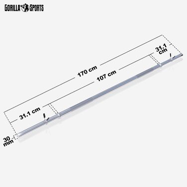 Штанга GORILLA SPORTS® хромована, Ø 30 мм, довжина 120/150/170 см, з 2 пружинними замками, навантаження до 200 кг – олімпійська штанга для тренувань