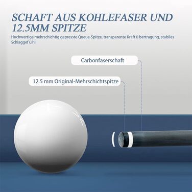 KONLLEN Billardqueue з карбону, 58 дюймів, професійний більярдний кий для дорослих, технологія Vollcarbon, низький рівень відхилення, наконечник 12.5 мм (Pro Taper, ультрагладкий) (KL-08)