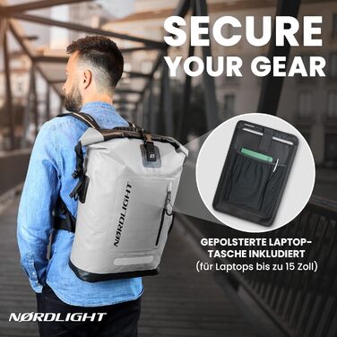 Водонепроникний рюкзак Nordlight Roll Top 25L Hybrid 25' з відділенням для 15-дюймового ноутбука, зовнішніми та внутрішніми кишенями, та комфортною системою перенесення. Антрацитовий сірий колір.