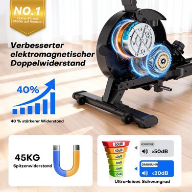 Гребний тренажер DMASUN для дому з магнітною системою опору, 16/32 рівні навантаження, LCD-дисплей, до 160 кг, чорний