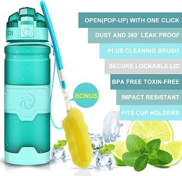 Спортивна пляшка ZORRI 503 мл, 1 л, 700 мл, 500 мл, 400 мл, BPA-Free, для води та газованих напоїв, без витоку, еко-пляшка для дітей, школи, спортзалу, фітнесу, велосипеда, м'ятно-зелений колір
