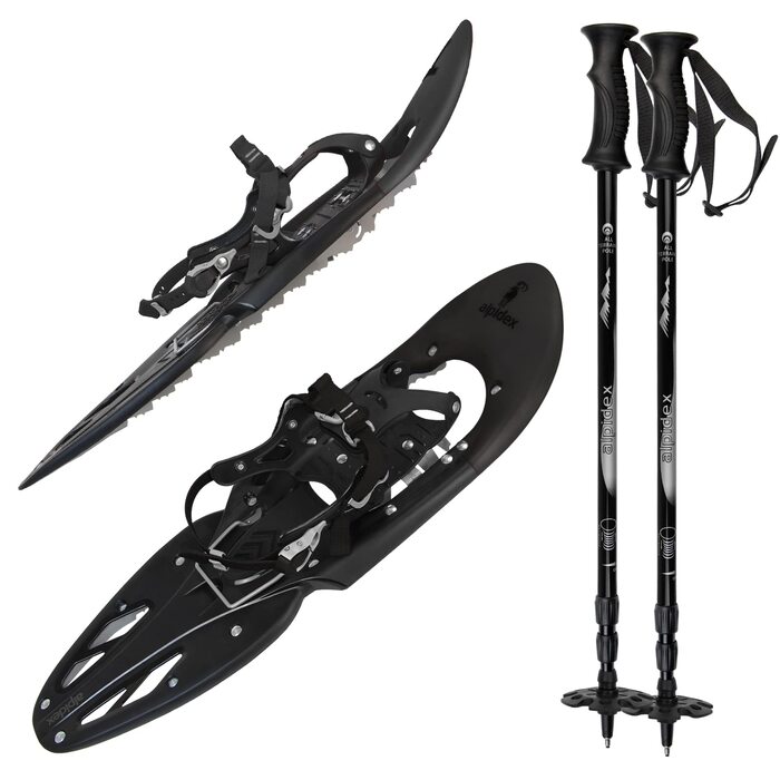 Снігоступи Alpidex 29 дюймів (46-48) для ваги до 140 кг з підйомником та сумкою, чорні (з палицями)
