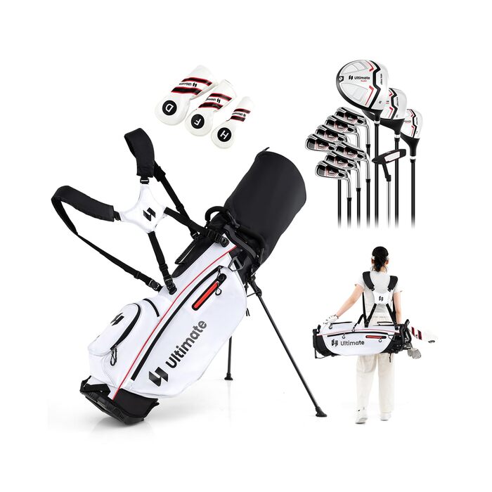 GYMAX Комплект жіночих гольф-клубів, 13-ти частинний набір з сумкою-стійкою та захистом від дощу, включає драйвер 460CC, 3 фейрвеї, гібрид, залізи 5/6/7/8/9/P/S, червоний