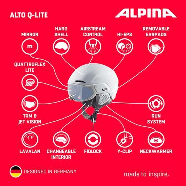 ALPINA ALTO Q-LITE – Безпечний ударопоглинаючий лижний шолом із контрастним візором для дорослих, білий матовий, 51-55 см