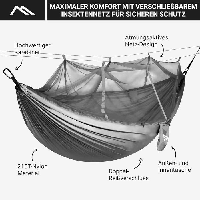 Гамак для кемпінгу MSports Premium Ultraleicht з москітною сіткою | Максимальне навантаження 250 кг, дихаючий матеріал (срібно-сірий)