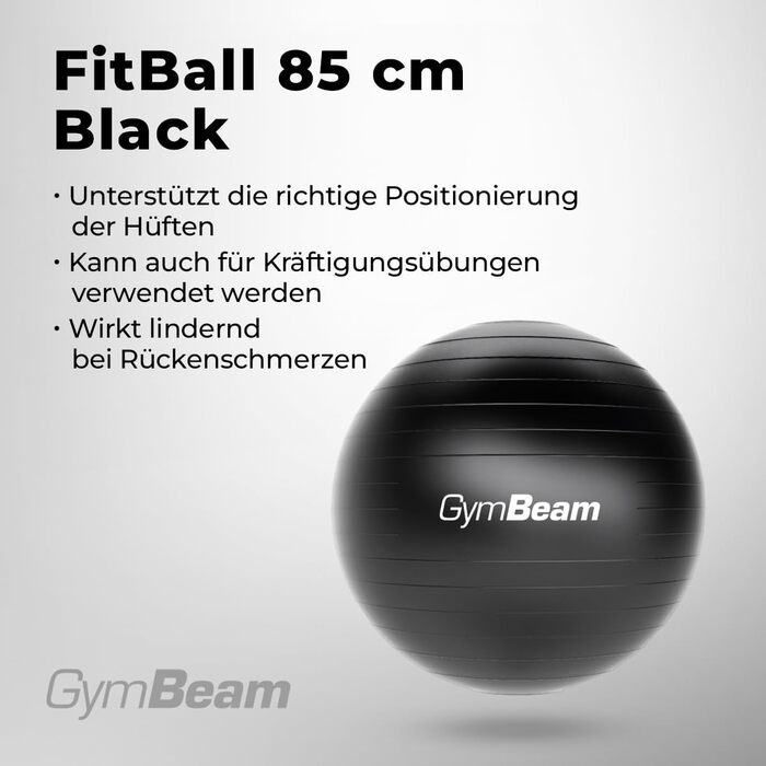 Гімнастичний м’яч GymBeam 85 см з насосом, чорний – для стабільності, контролю тіла, зміцнення м’язів і профілактики болю у спині