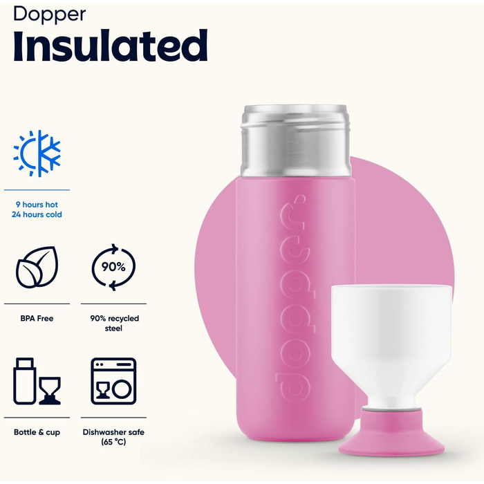 Термобутилка Dopper Insulated 580 мл Pelican Pink — подвійні стінки, герметична, з нержавіючої сталі, зберігає холод 24 год/тепло 9 год, для води, чаю, кави