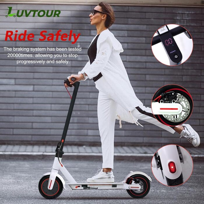 Електросамокат LuvTour ES-S3 PRO для дорослих, 20 км/год, запас ходу 40 км, складаний, з додатком, подвійні гальма, 8,5'' надувні колеса, білий