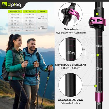Тrekking-стійки для ходьби та гірських прогулянок: карбонові та алюмінієві, з ручками з корку | Дамські та чоловічі | Телескопічні, регульовані (алюміній 100-120 см, рожевий)