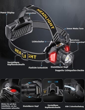 Налобний ліхтар KZK LED 250000 Люмен, Zoom, 3 режими (білий/жовтий/червоний), IP67, 90° регулювання, 12 режимів, для кемпінгу